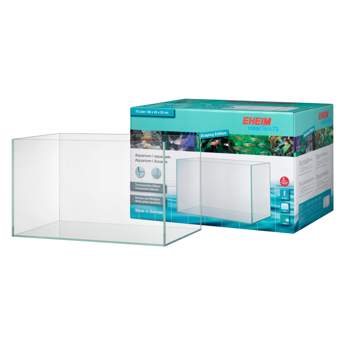 EHEIM clearTank 73 Weißglas Aquarium – quadratische Produktaufnahme auf Weiß