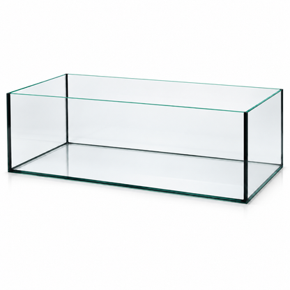 Terra-Natur Aquarium 76 × 38 × 25 cm mit schwarzer Silikonverklebung auf weißem Hintergrund