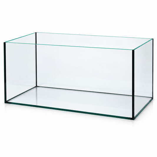 Terra-Natur Aquarium 76 × 38 × 40 cm mit schwarzer Silikonverklebung auf weißem Hintergrund